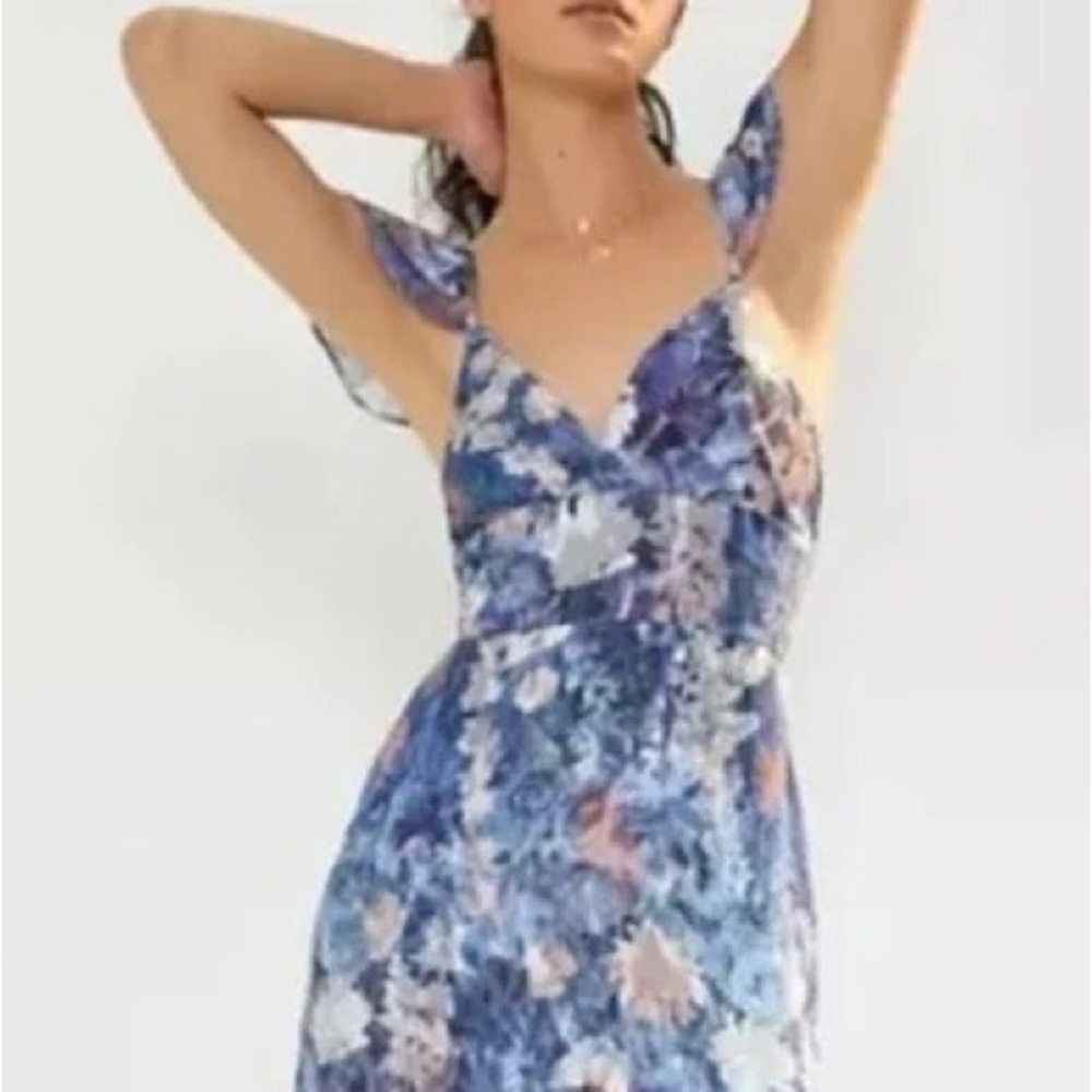 Hutch Anthropologie Blue Floral Iridescent Ruffled Midi